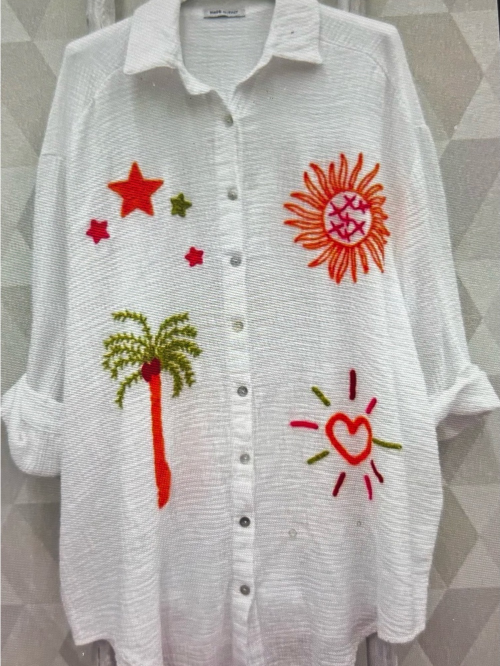 White Palm & Sun Oversized Cotton Gauze Shirt - White